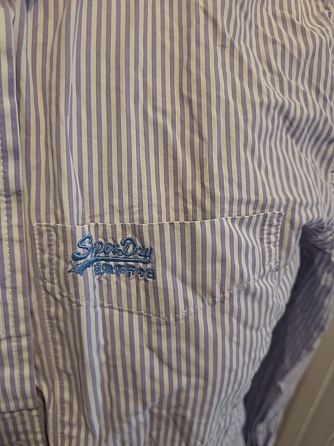 Mens Superdry Size Medium Pale Purple/ White Striped Long Sleeved Shirt