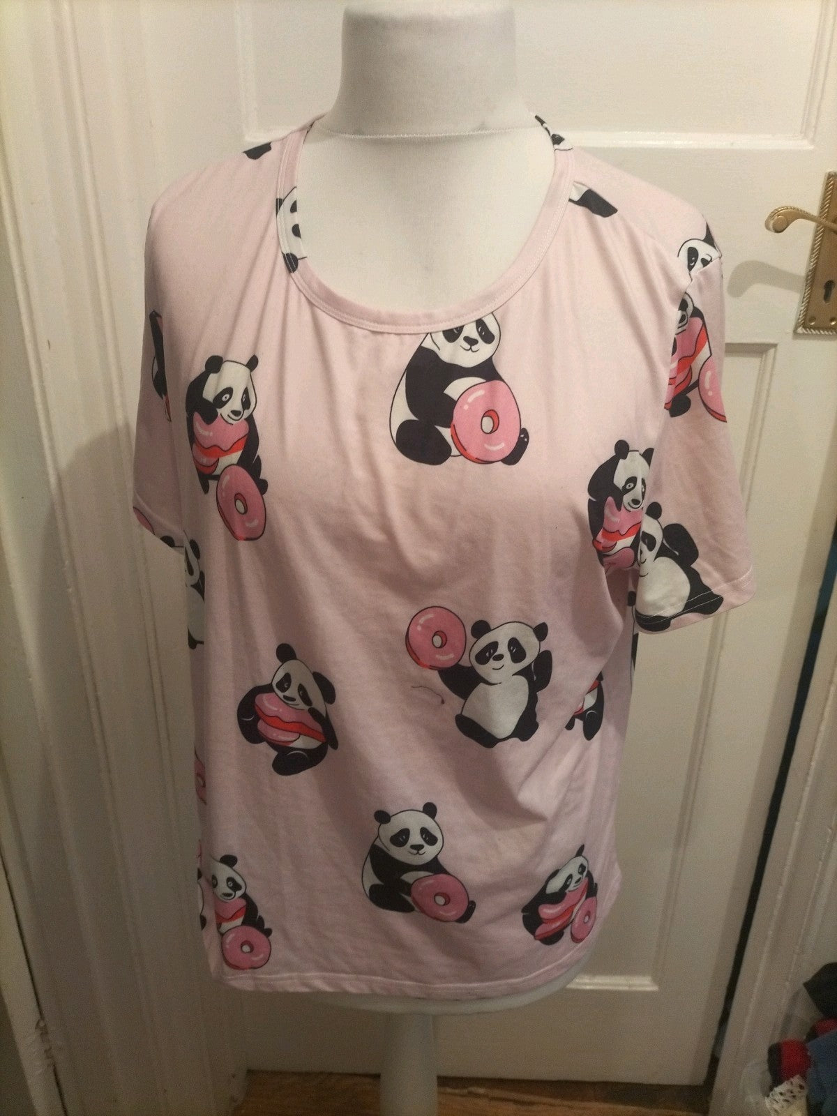 Ladies Size XL Pale Pink Panda Short Sleeved Pyjama Top