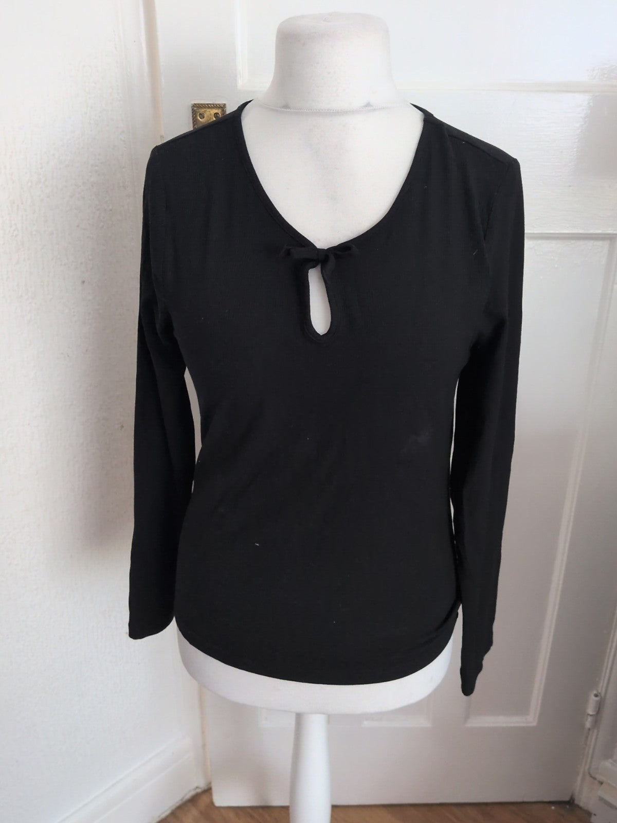 TU 14 Black Rib Long Sleeve Bow On Front Blouse