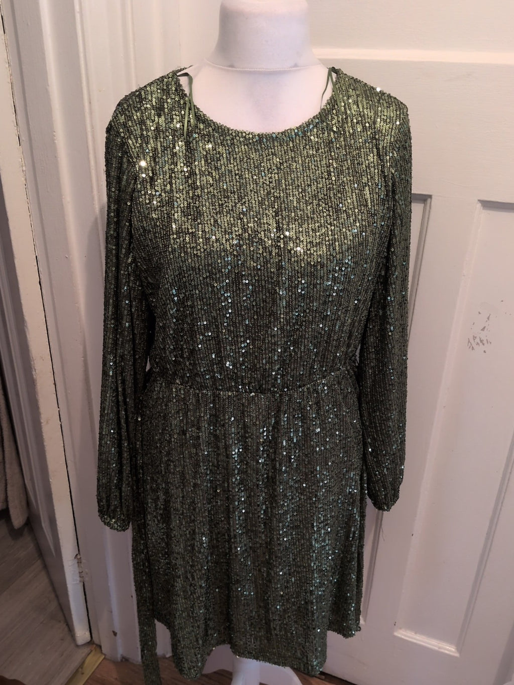 George 14 Green Sequin Covered Lined Long Sleeve Dress