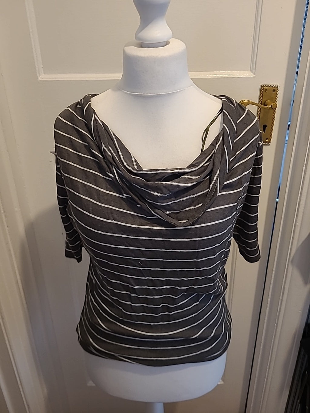 Ladies John Lewis Size 12 Dark Green And White Striped Blouse