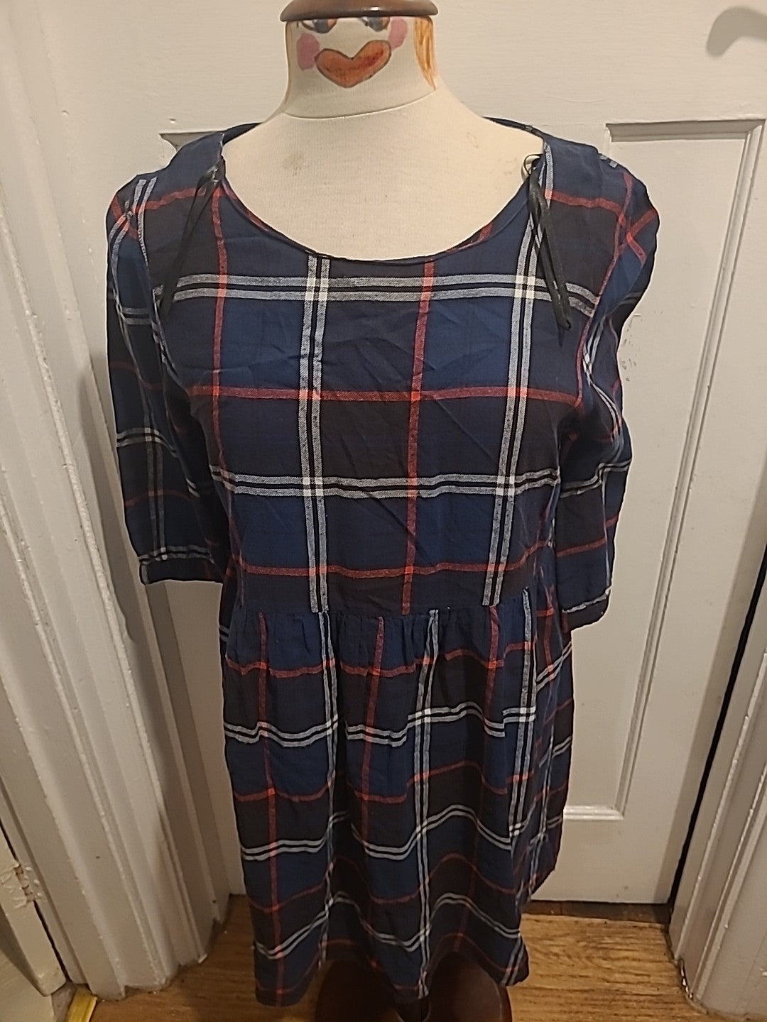 Ladies Primark Size 14 Navy Blue Red Check Mid Sleeved Flare Dress Immaculate