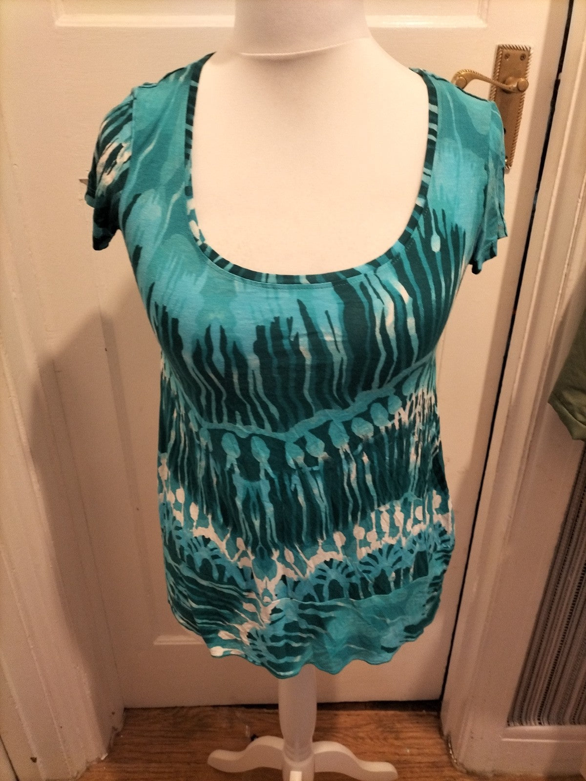 Ladies Per Una Size 12 Turquoise Blue Patterned Short Sleeved Blouse