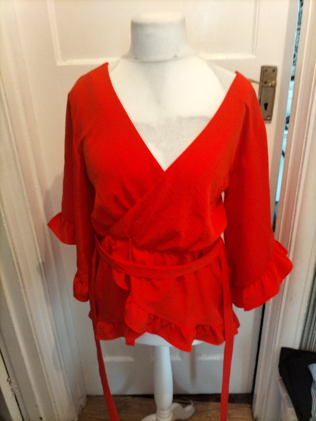 Ladies River Island Size 12 Orange Wide Sleeved Blouse With Tie