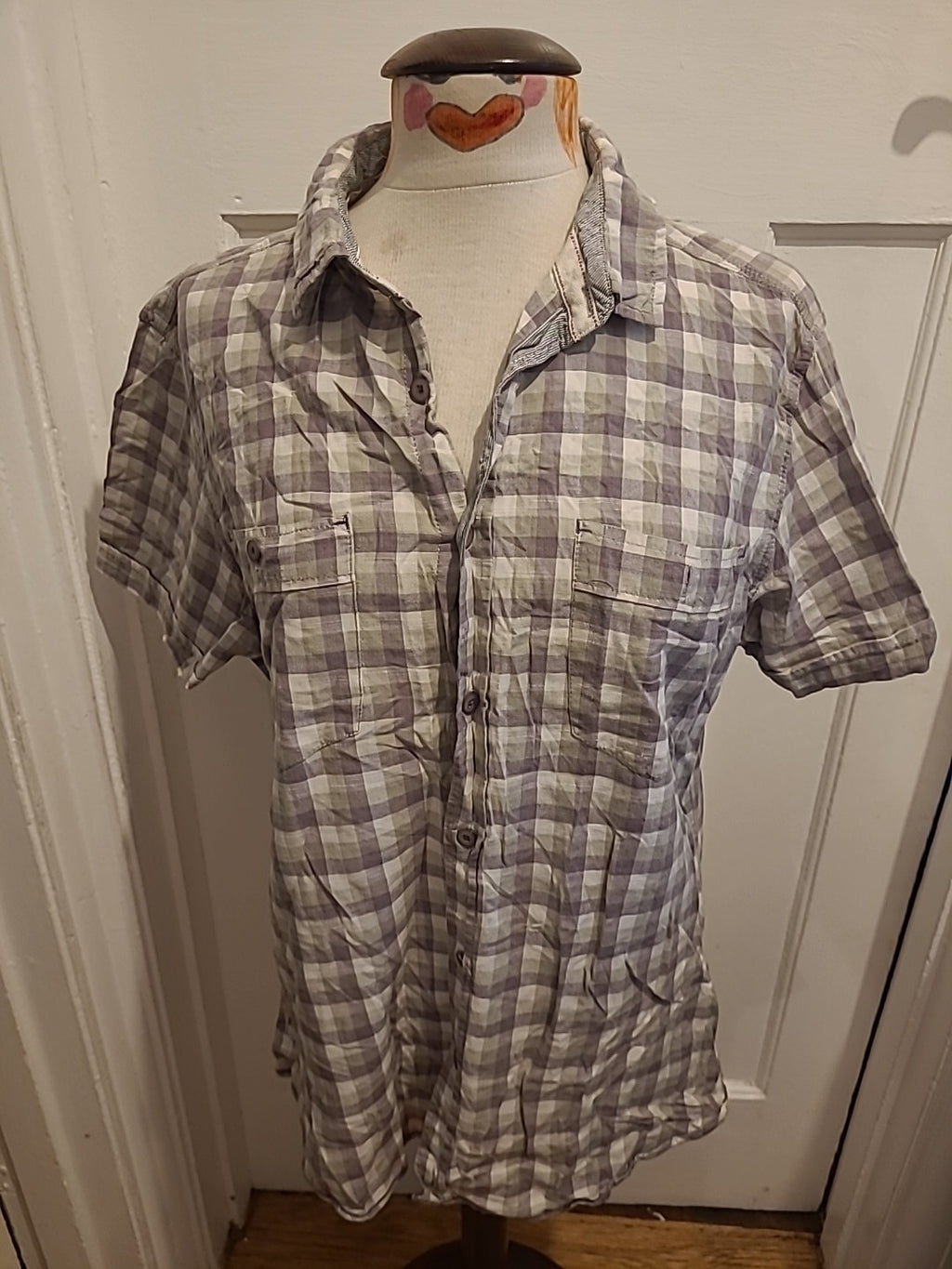 Mens Trait Size Large Purple/Grey Check Short Sleeved Shirt