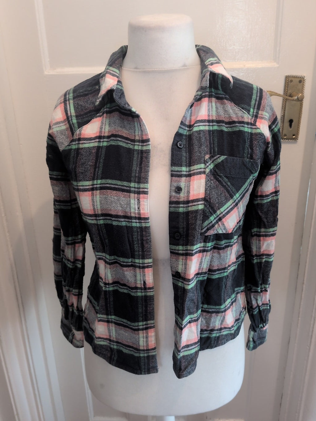 Ladies Tu Size 8 Green Pink Check Buttoned Blouse/ Pyjama Top