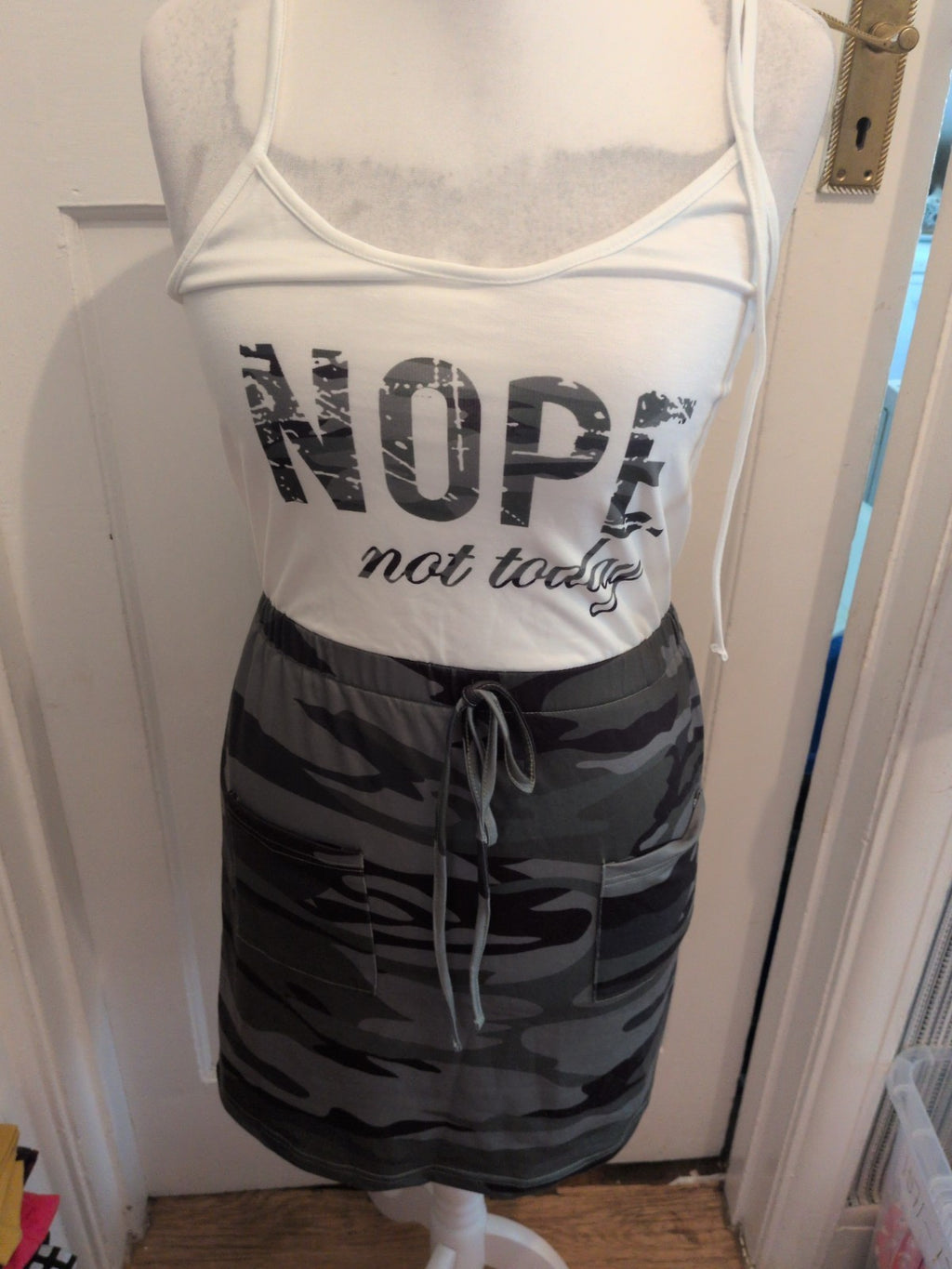 Chicme Medium Green Camo And White "Nope Not Today" Sleeveless Dress