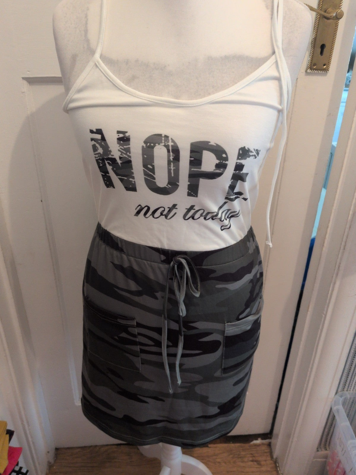 Chicme Medium Green Camo And White "Nope Not Today" Sleeveless Dress