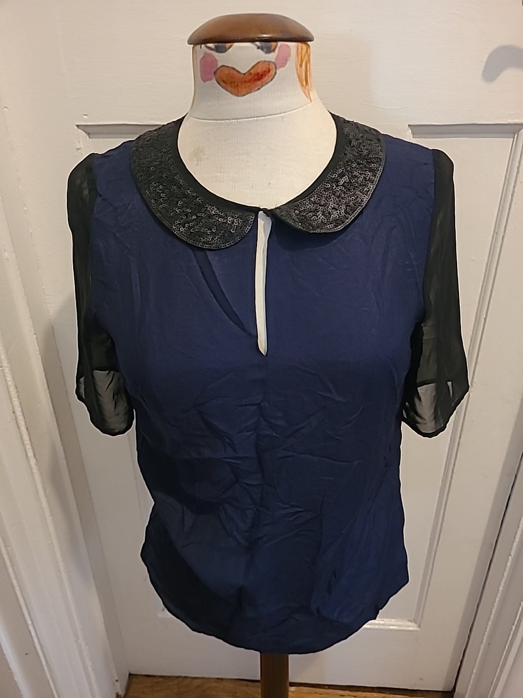 Ladies Next Size 8 Navy Short Sleeved Detail Neck Blouse