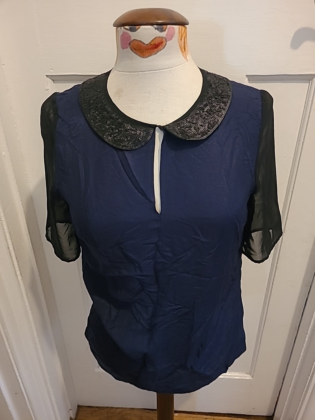 Ladies Next Size 8 Navy Short Sleeved Detail Neck Blouse