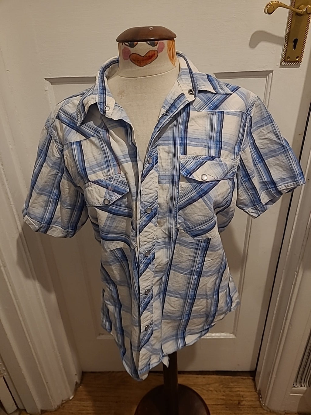 Mens Burton Size Large Blue white Check Short Sleeve Shirt