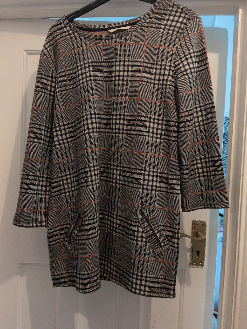 Tu 10 Black Check With Orange 3/4 Sleeve Knee Length Dress