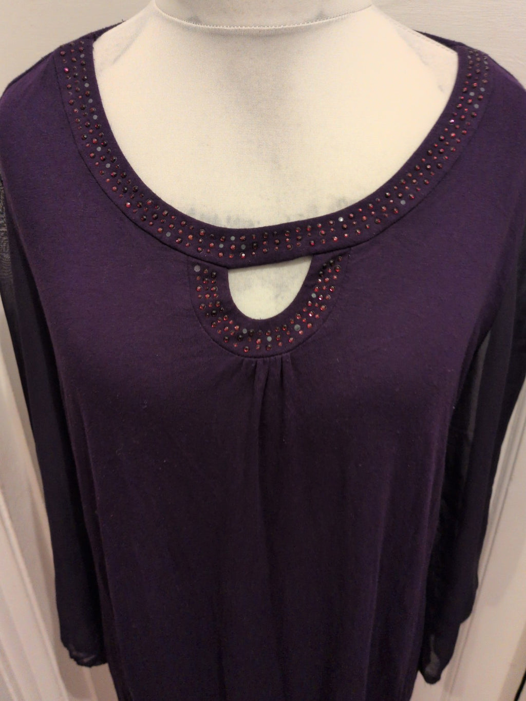 BM Collection 20 Purple Sheer Long Sleeve Diamonte Neck Blouse