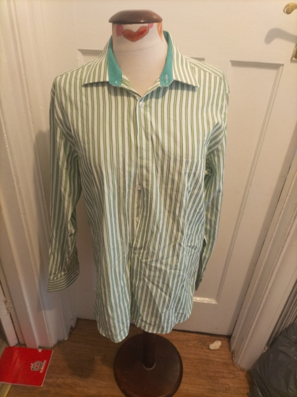 Mens Society Of Threads Size 15.5" Green/White Striped Long Sleeved Shirt