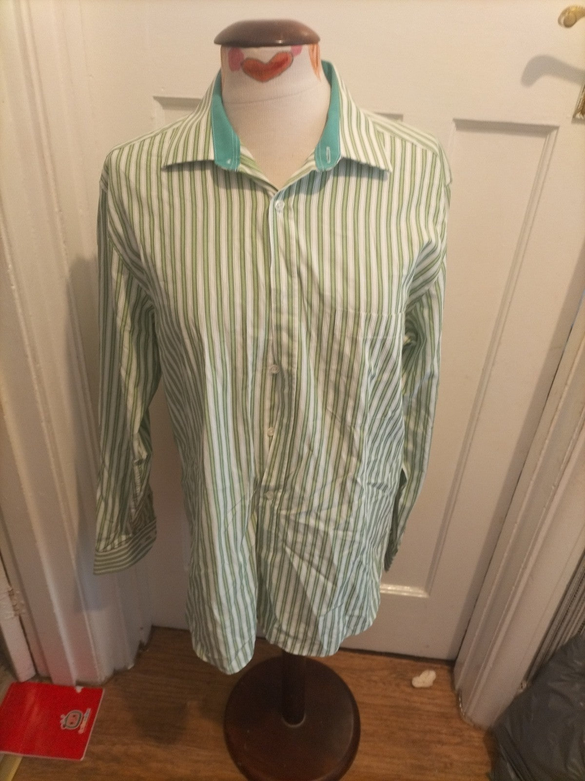Mens Society Of Threads Size 15.5" Green/White Striped Long Sleeved Shirt