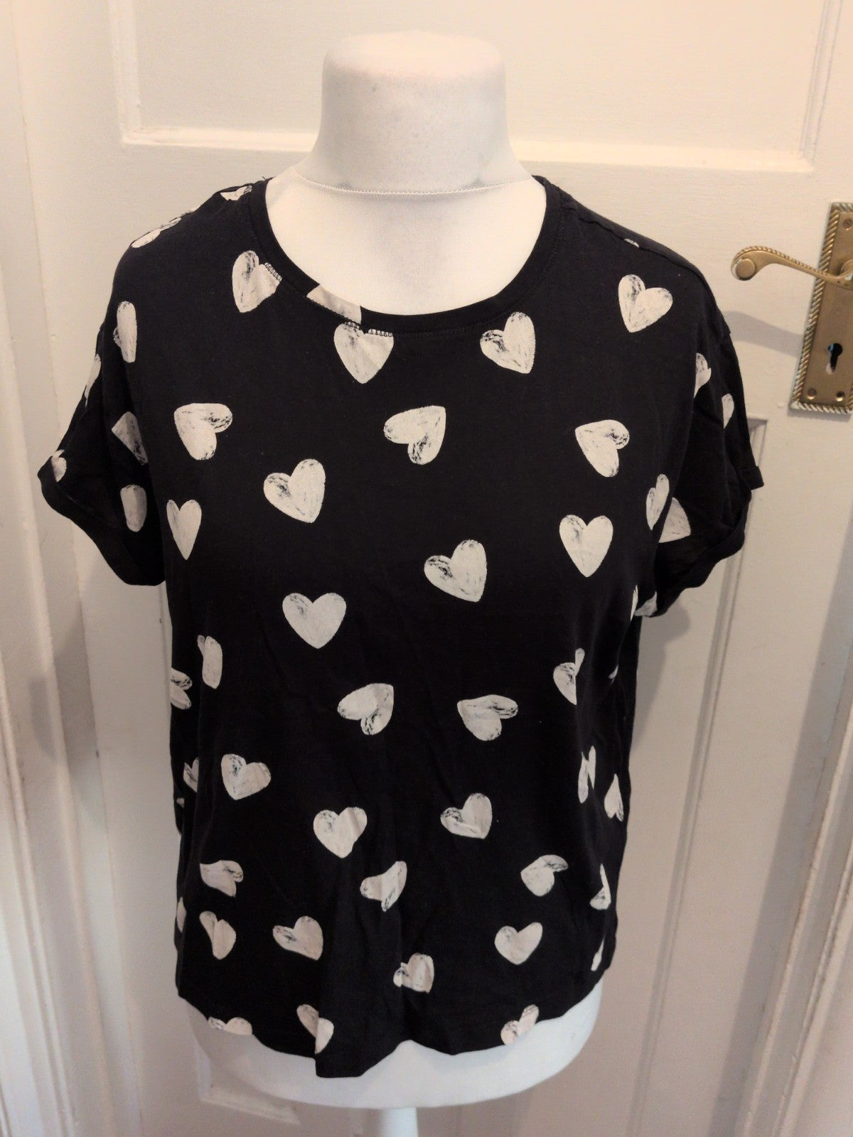 Marks And Spencer Large Black With White Hearts Short Sleeve Pyjama Top