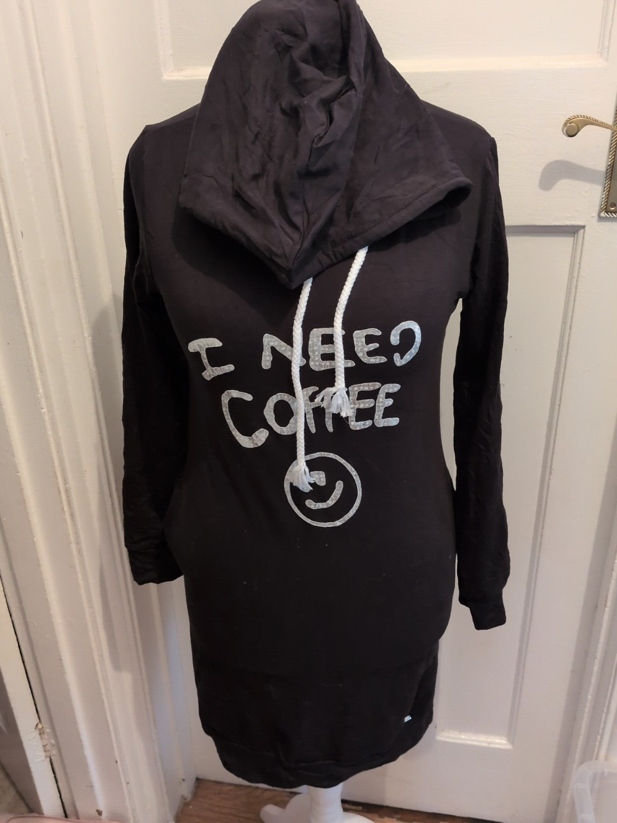 Ladies Size S-M Black I Need Coffee Long Sleeve Jumper Dress
