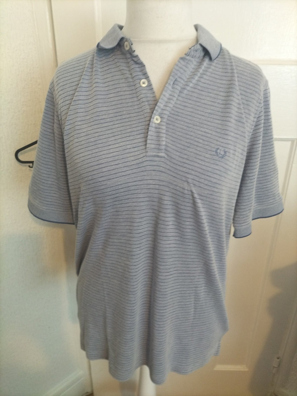 Mens Lincoln Size Large Blue And Navy Striped Short Sleeved Polo