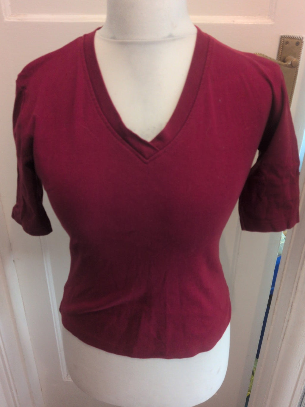 Medium Dark Red Short Sleeve T-shirt V Neck