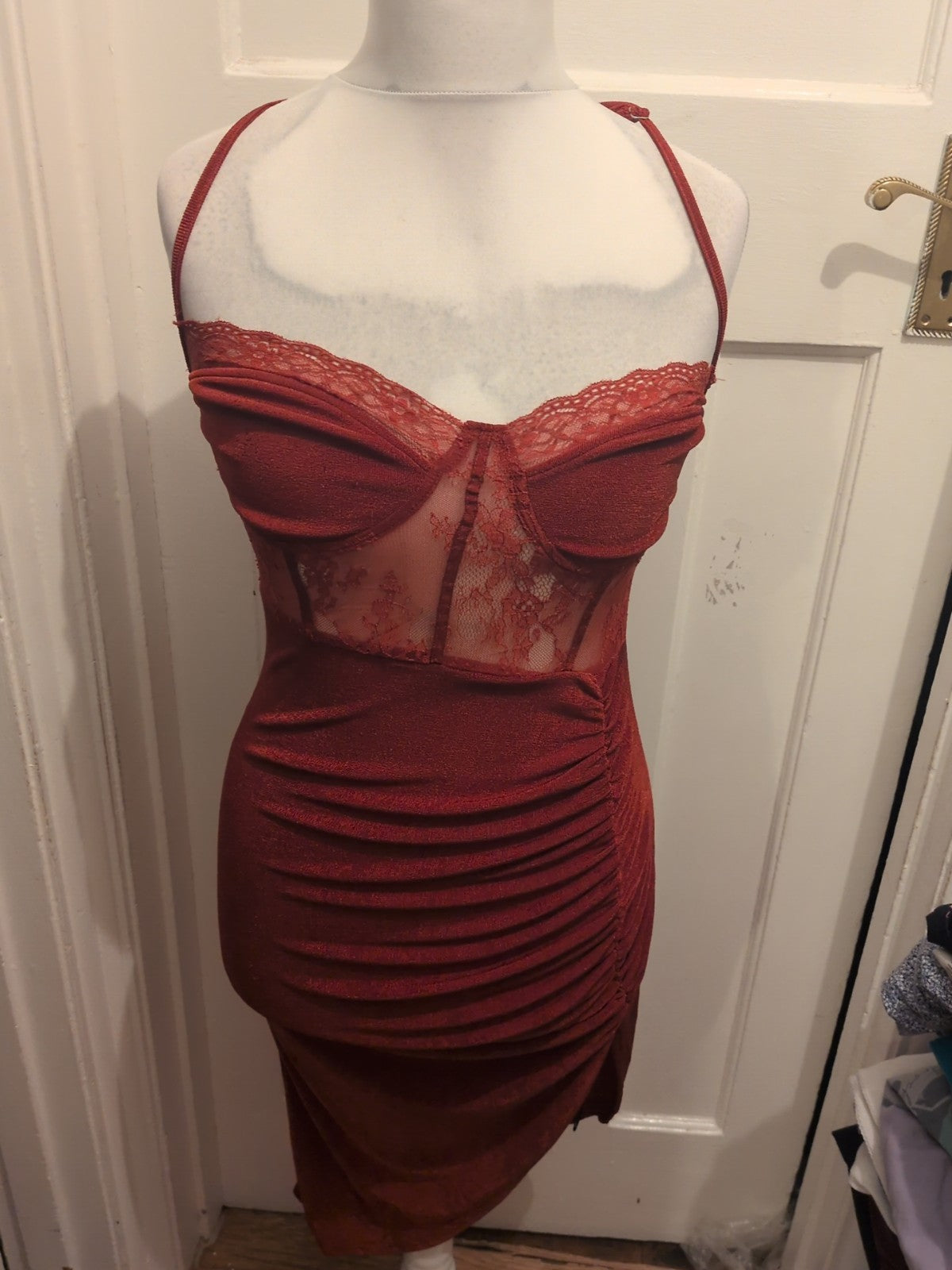 Cider Medium Red Sleeveless Lace Bust Dress Ruched