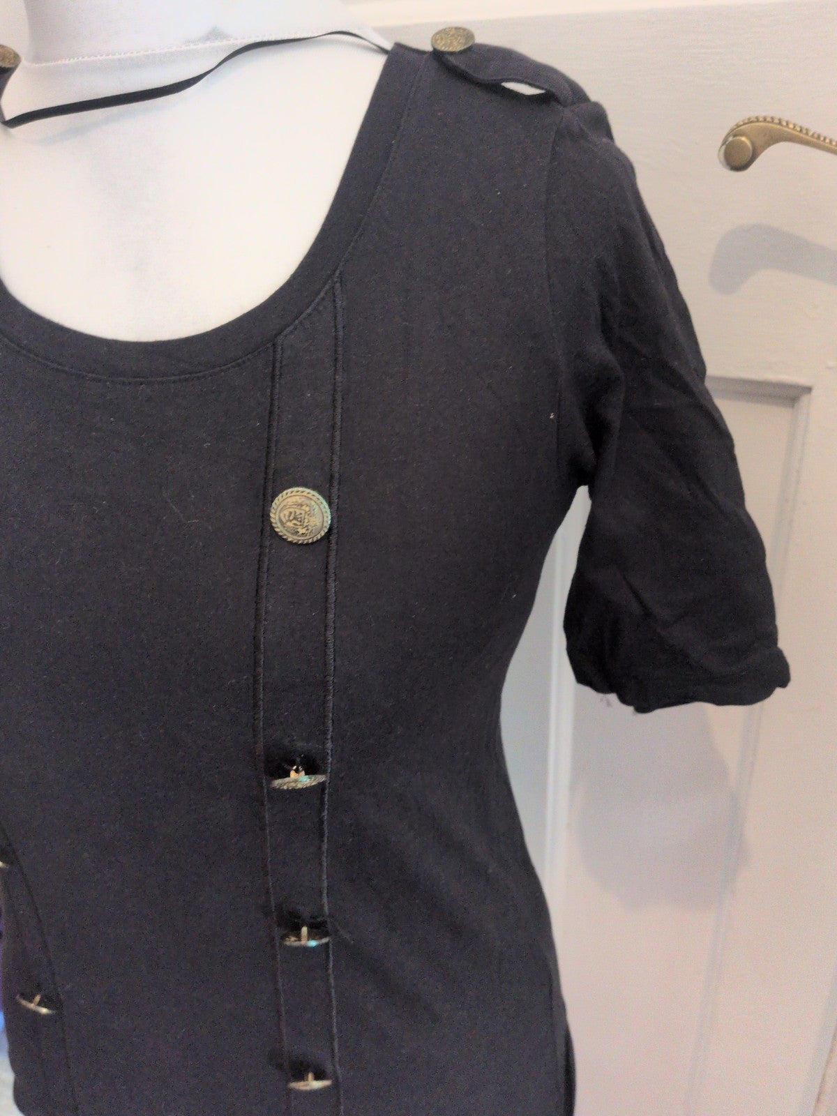 H&M 10 Black With Gold Buttons Imitation Short Sleeve Blouse