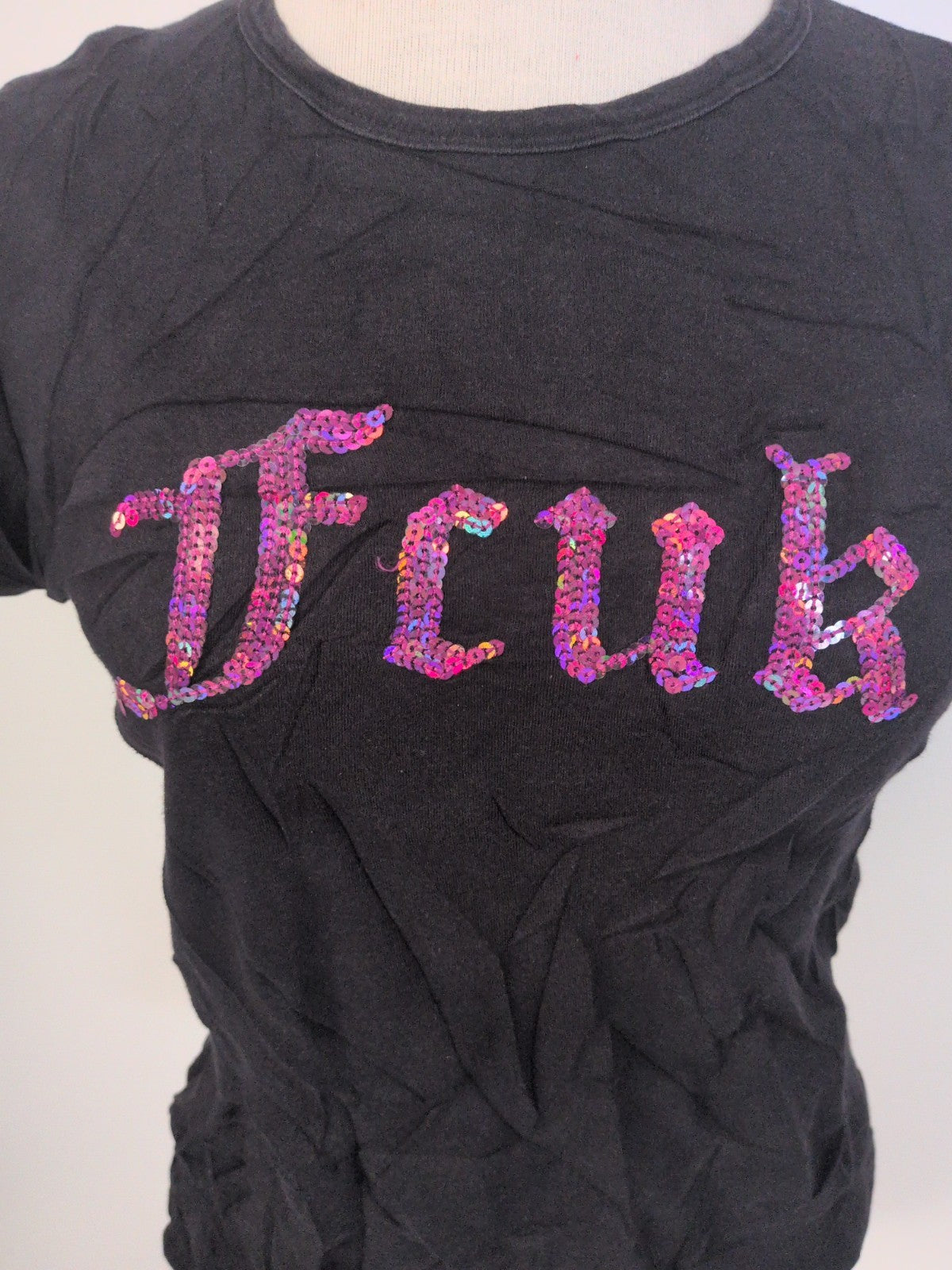 Ladies Fcuk Jeans Size Large Black With Pink Sequin Short Sleeve T-shirt