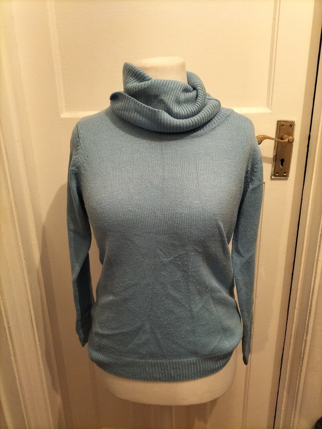 Ladies Damart Size 10-12 Blue Knit Roll Neck Lightweight Jumper