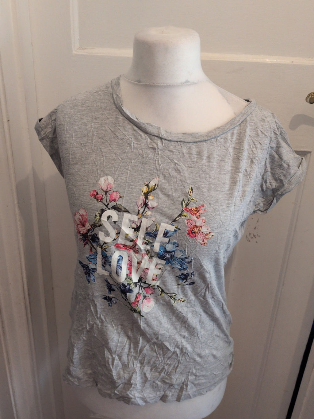 F&F 8 Grey Floral Self Love Short Sleeve T-shirt