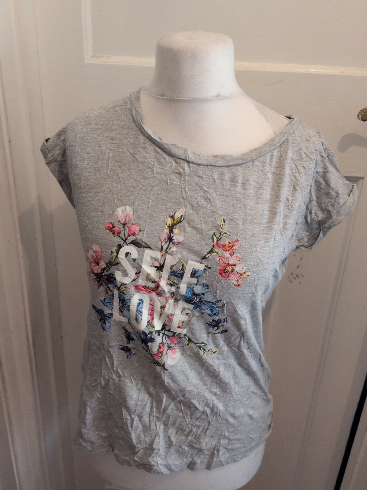 F&F 8 Grey Floral Self Love Short Sleeve T-shirt