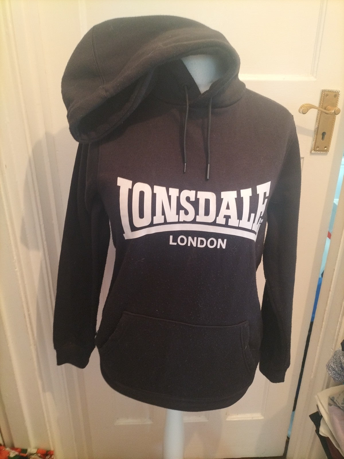 Lonsdale Small Black Print Pullover Hoodie Bobbling