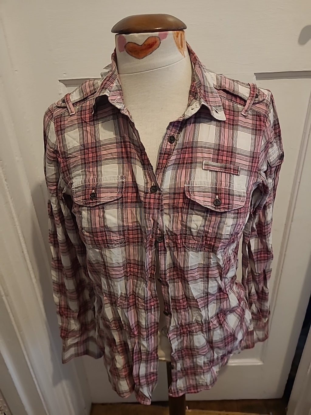 Ladies Gap Medium White Pink Check Long Sleeve Blouse