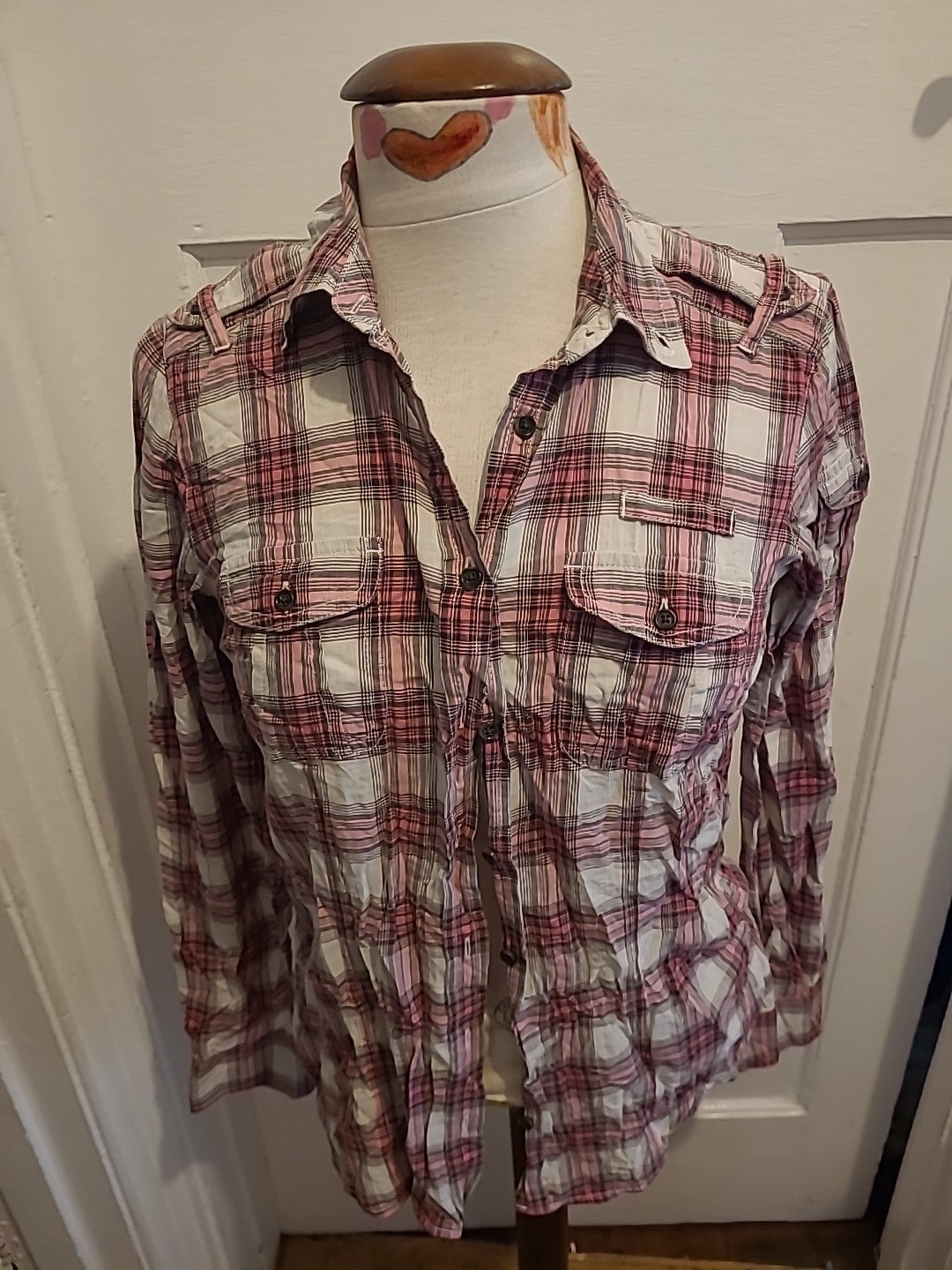 Ladies Gap Medium White Pink Check Long Sleeve Blouse