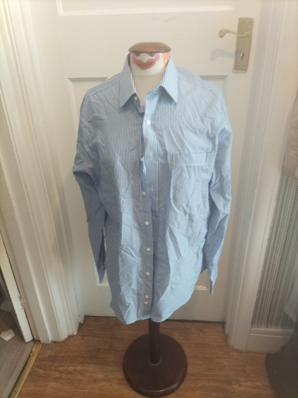 Mens Marks And Spencer Size 16" Blue White Striped Long Sleeved Cotton Rich...