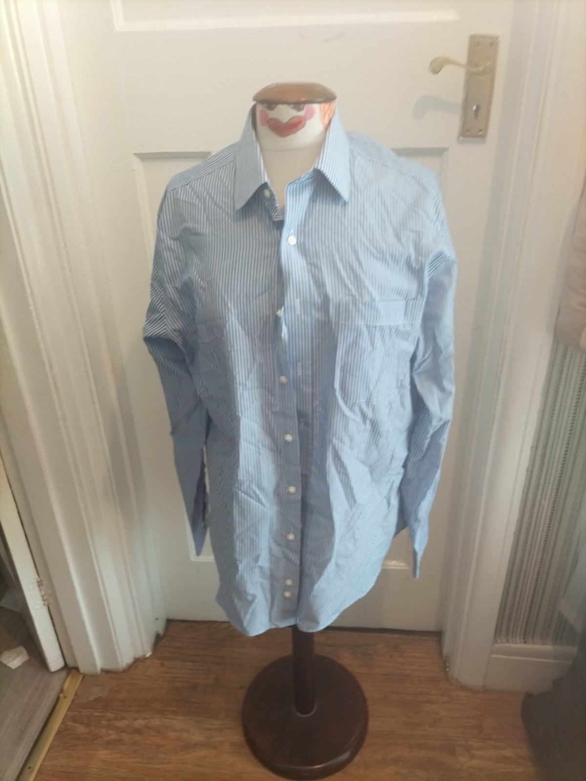 Mens Marks And Spencer Size 16" Blue White Striped Long Sleeved Cotton Rich...
