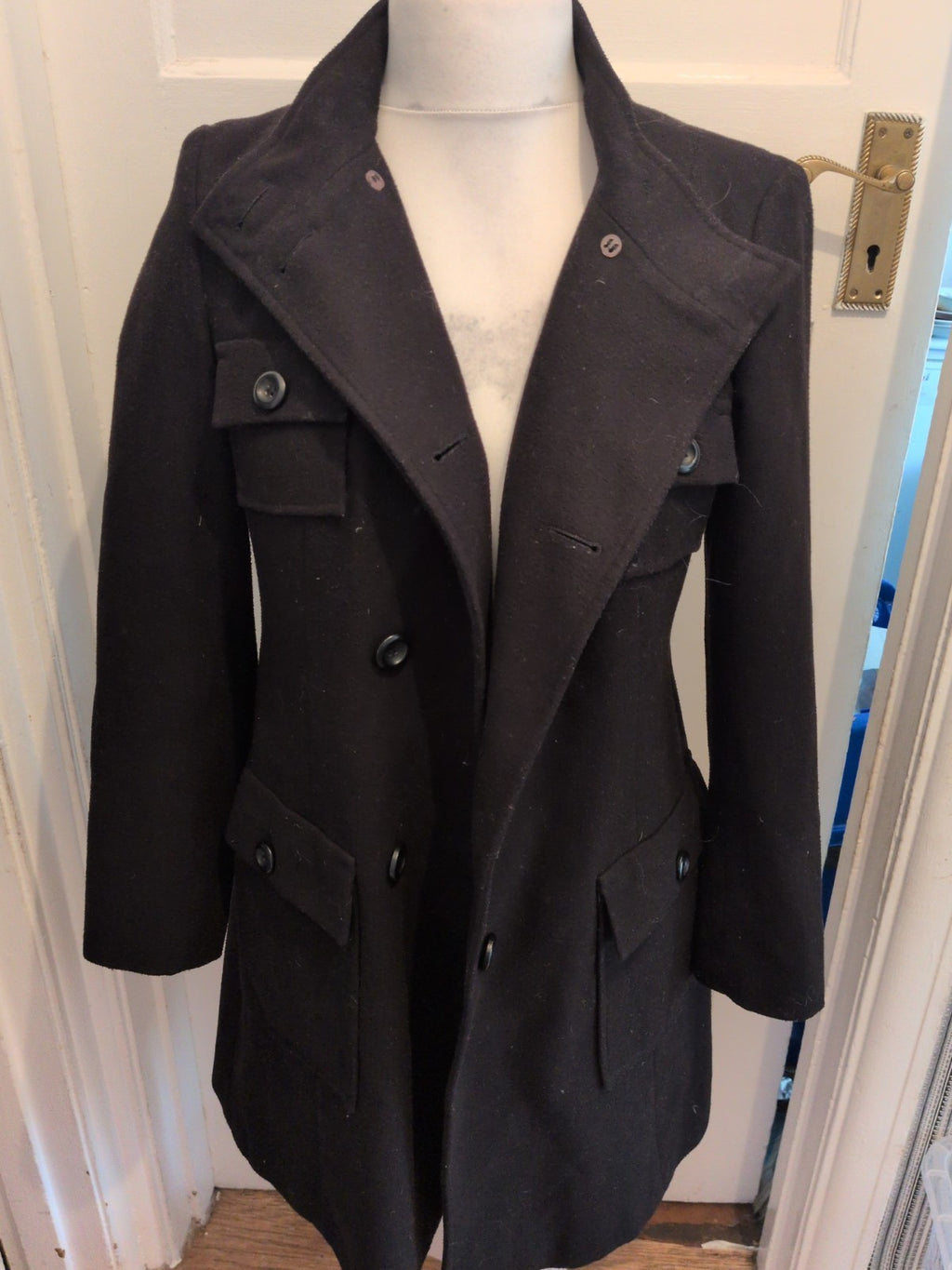 Marks And Spencer 10 Black Lined Jacket Long Length Buttoned