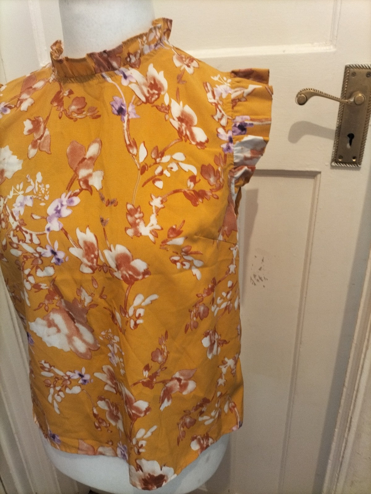 Ladies Shein L Yellow Short Sleeved Floral Blouse