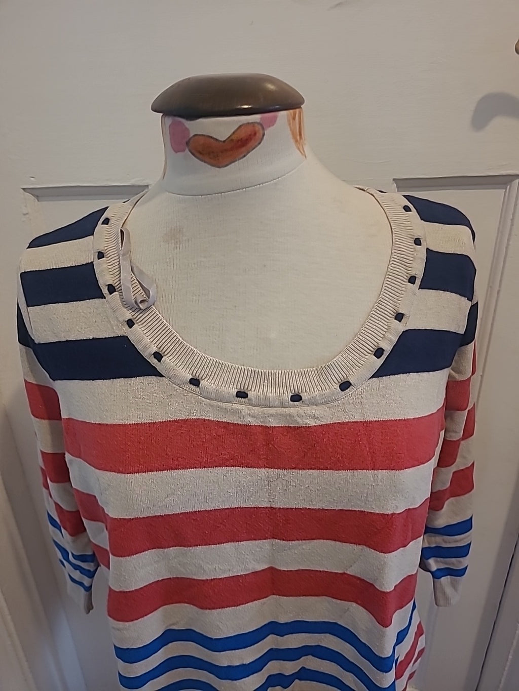 Ladies BM Size Large Beige Red Navy Striped Mid Sleeved Lightweight Jumper