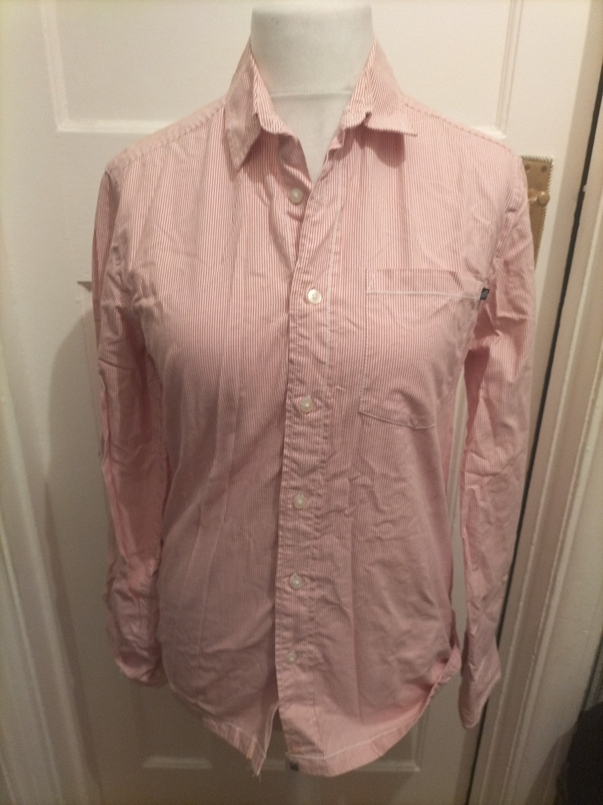 Mens Criminal Size Small Red And White Stripe Long Sleeved Shirt