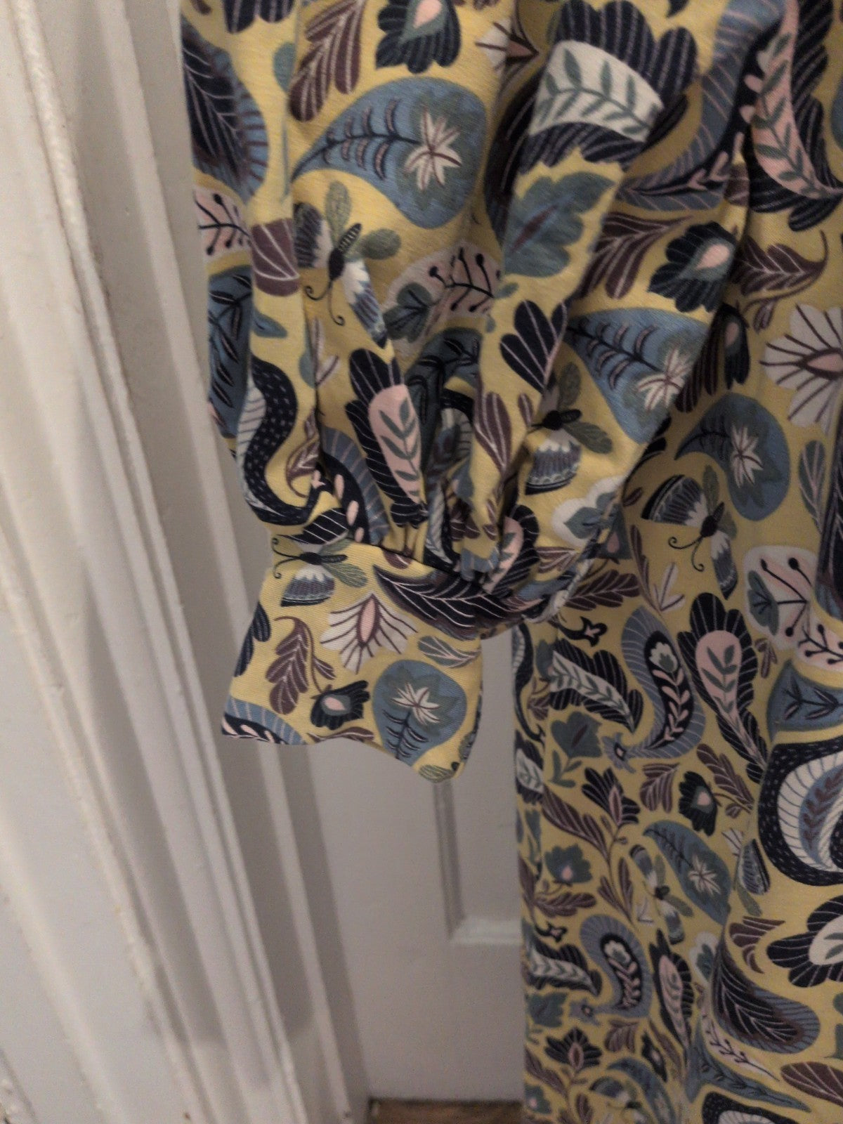 2xl(22-24) Yellow Leaf Patterned High Neck Long Sleeve Long Length Dress