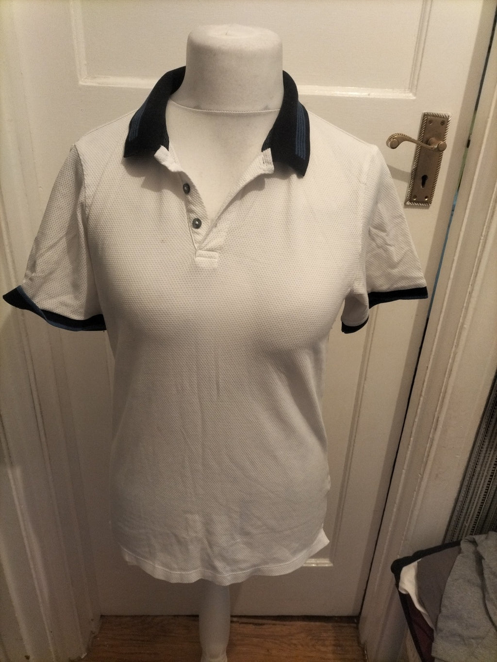 Next Medium Slim Fit White With Navy Trim Short Sleeve Polo Few Small Marks