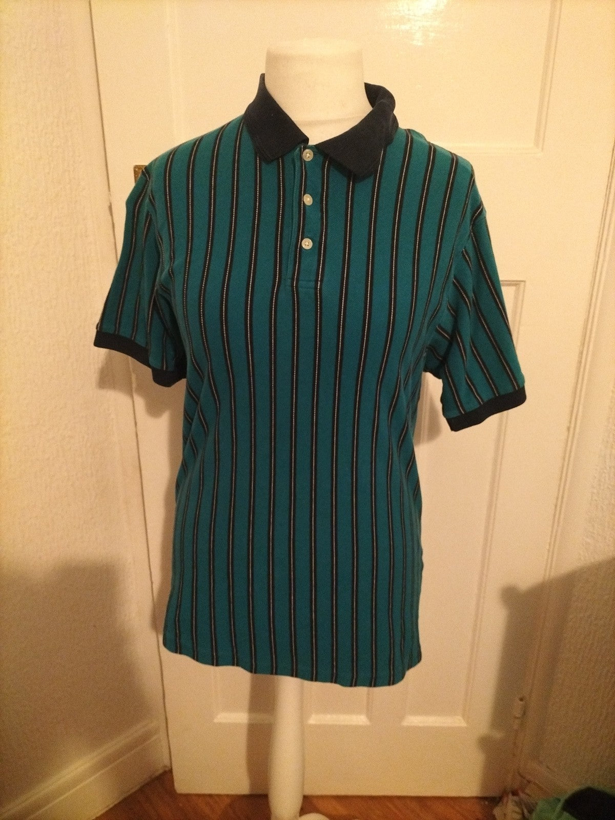 Mens BHS Size Small Teal/Black/White Short Sleeved Polo