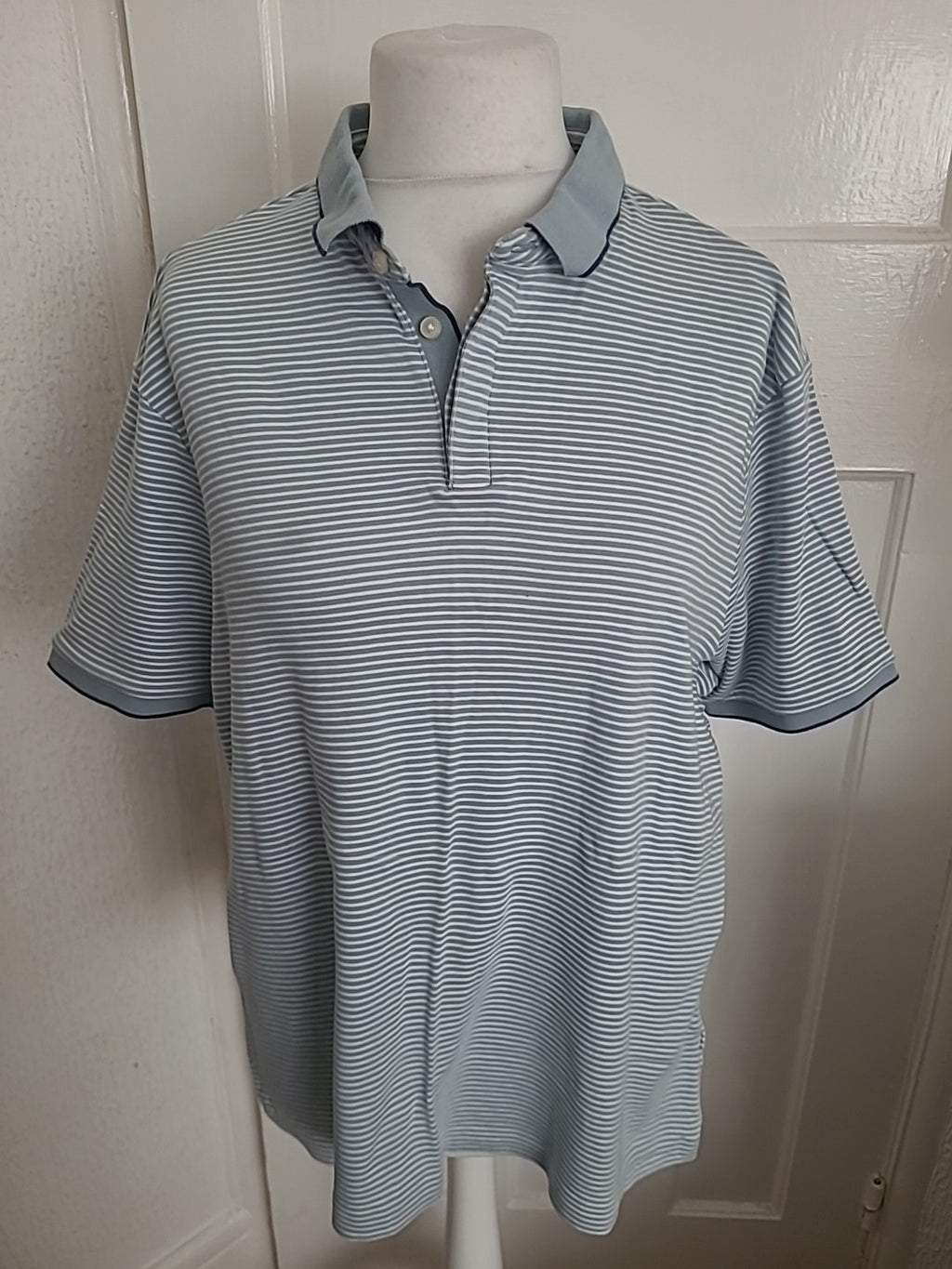 Mens M&S Size XL Pale Blue Striped Short Sleeved Polo