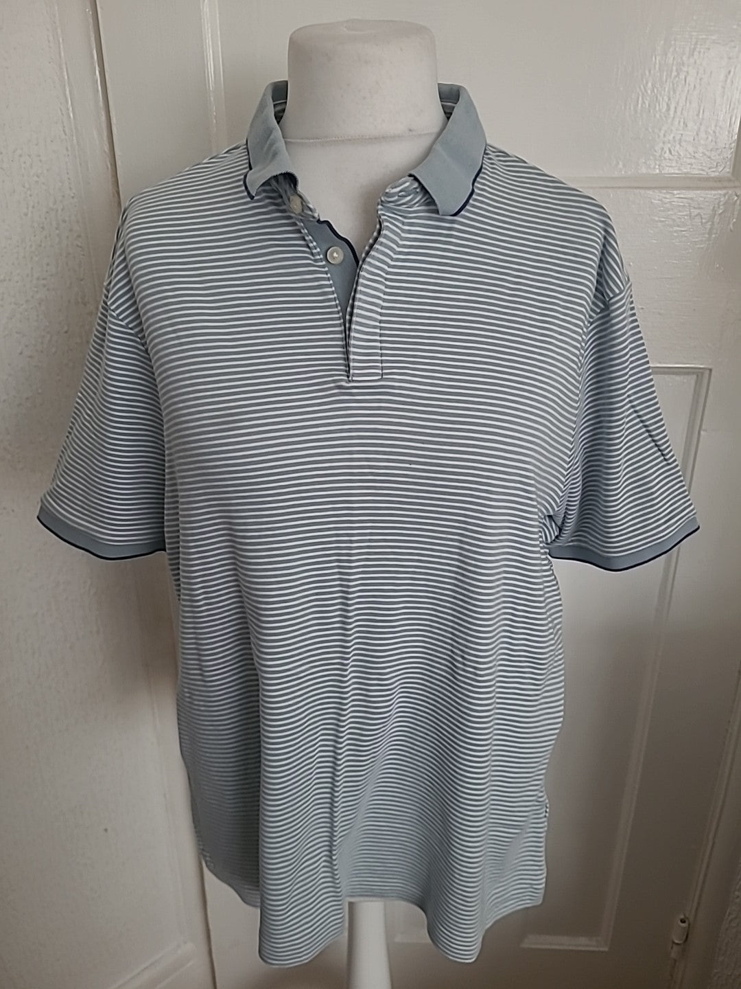 Mens M&S Size XL Pale Blue Striped Short Sleeved Polo