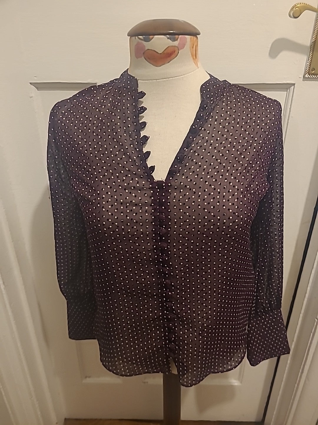 Ladies Next Petite Size 6P Purple/Black/White Spotted See Through Blouse