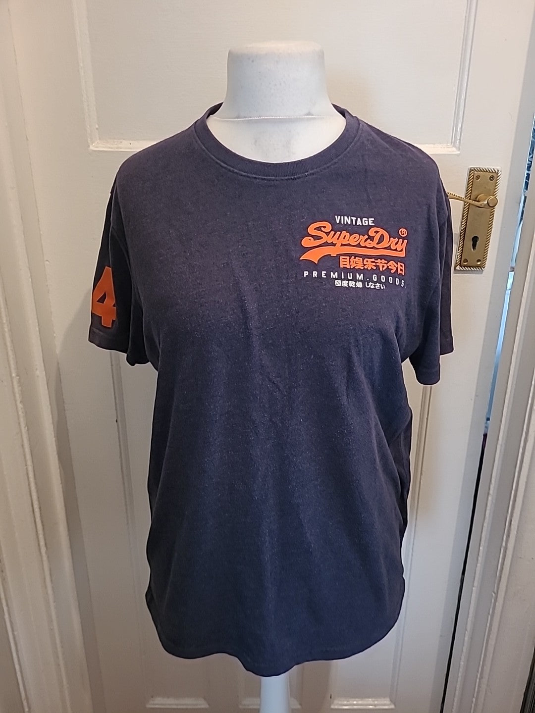 Mens Superdry Size L Navy And Orange Print Short Sleeved Tshirt