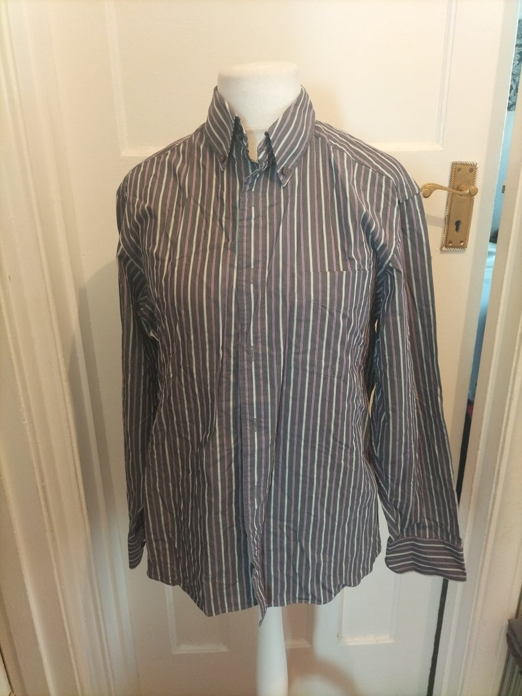 Mens Blue Harbour Size M Charcoal/Purple/White Striped Long Sleeved Shirt