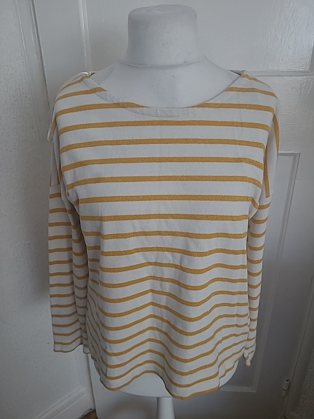 Aigle Size Large Golden White Striped Long Sleeved Top