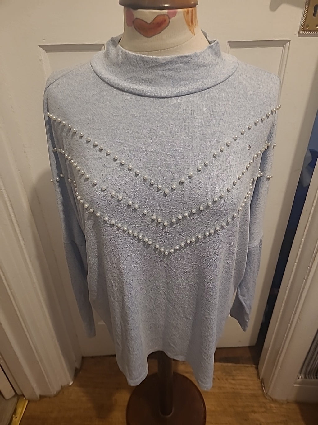 Ladies Select Size Large Blue With Pearl Design Detail Long Sleeved Blouse