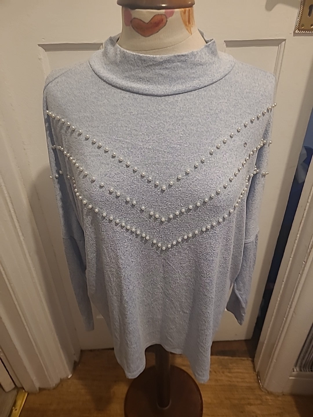 Ladies Select Size Large Blue With Pearl Design Detail Long Sleeved Blouse