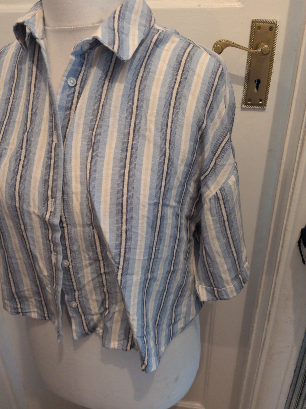 Primark Medium Blue Stripe Short Sleeve Collared Buttoned Blouse